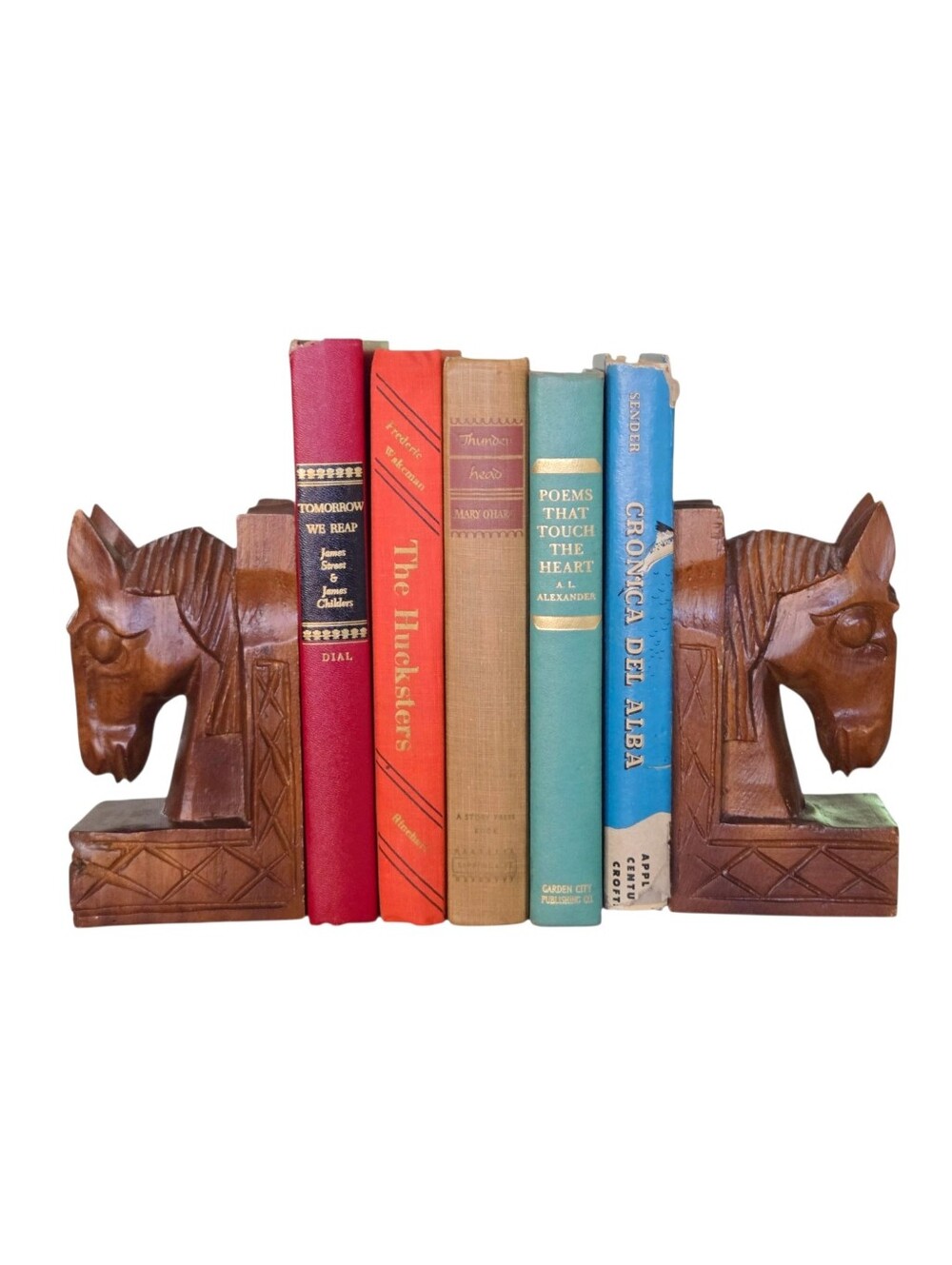 Vintage horse head bookends hand carved wood folk art mid-century equestrian 6"